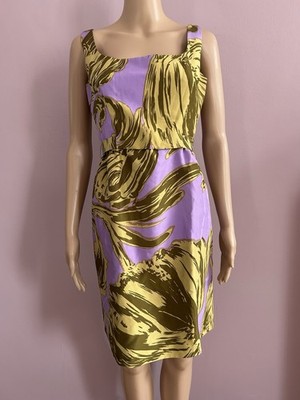 MILLY New York gold lila Druck 100 % Seide Anlass Kleid Made in USA UK 10 US 6