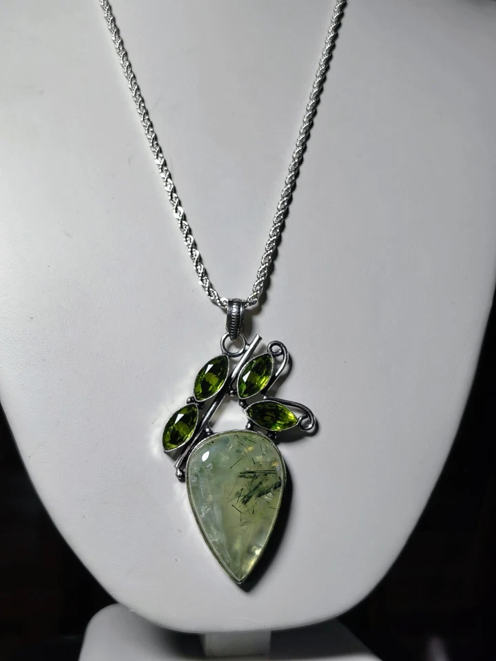 925 Silver Rope Chain & Tourmalinated Prehnite Pendant Necklace w/Rhinestones - Image 2 of 4