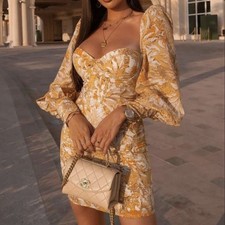 NWT Fashion Nova Jillian Floral Printed Balloon Sleeves Mini Dress Yellow Sz. XS