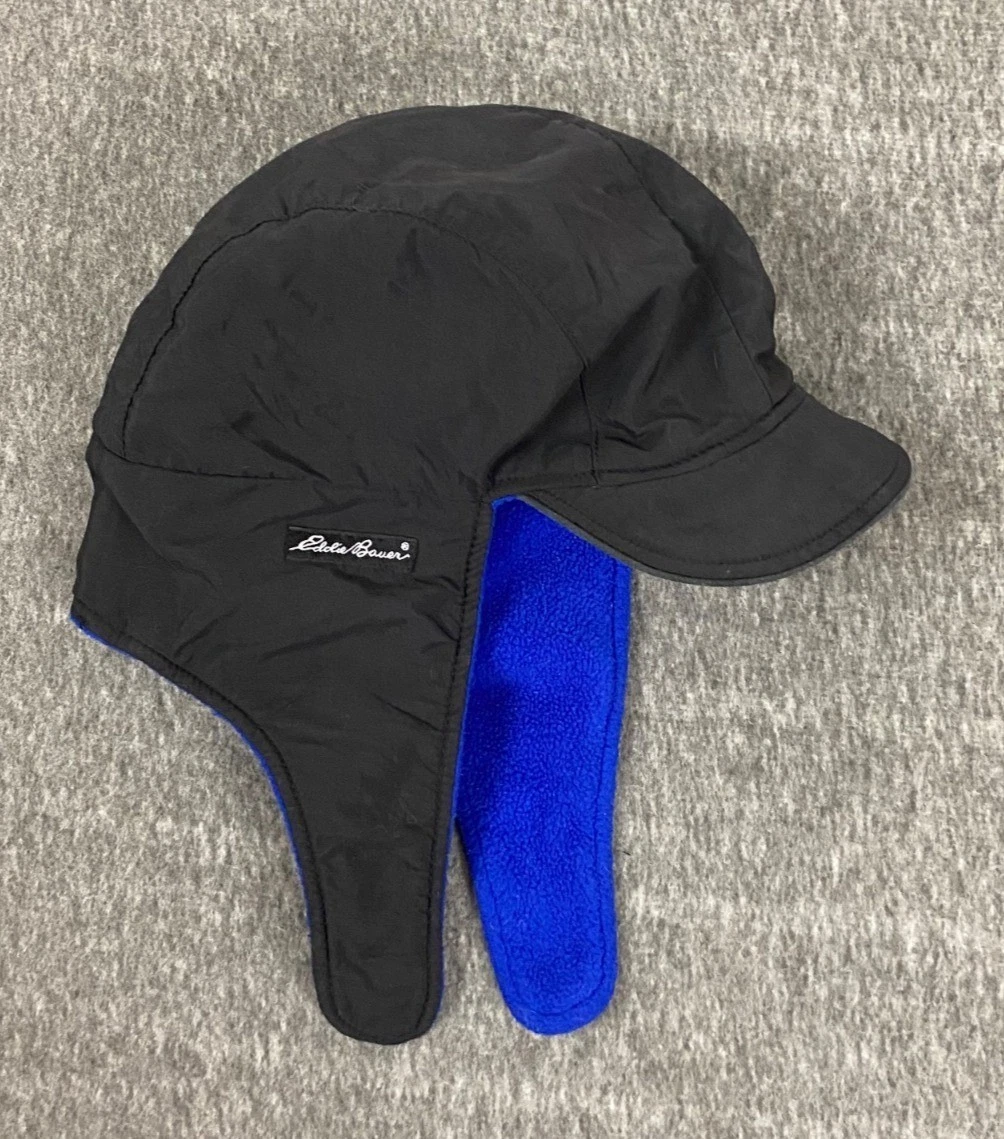 VTG Eddie Bauer Black Blue Fleece-Lined Trapper Hat Ear Flaps Adult Large Warm