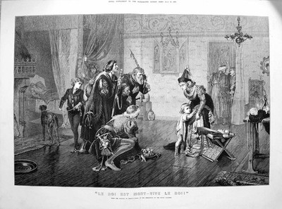 Original alter antiker Druck 1873 Le Roi Eat Mort-Vive Le Roi Familienszene Stein 0