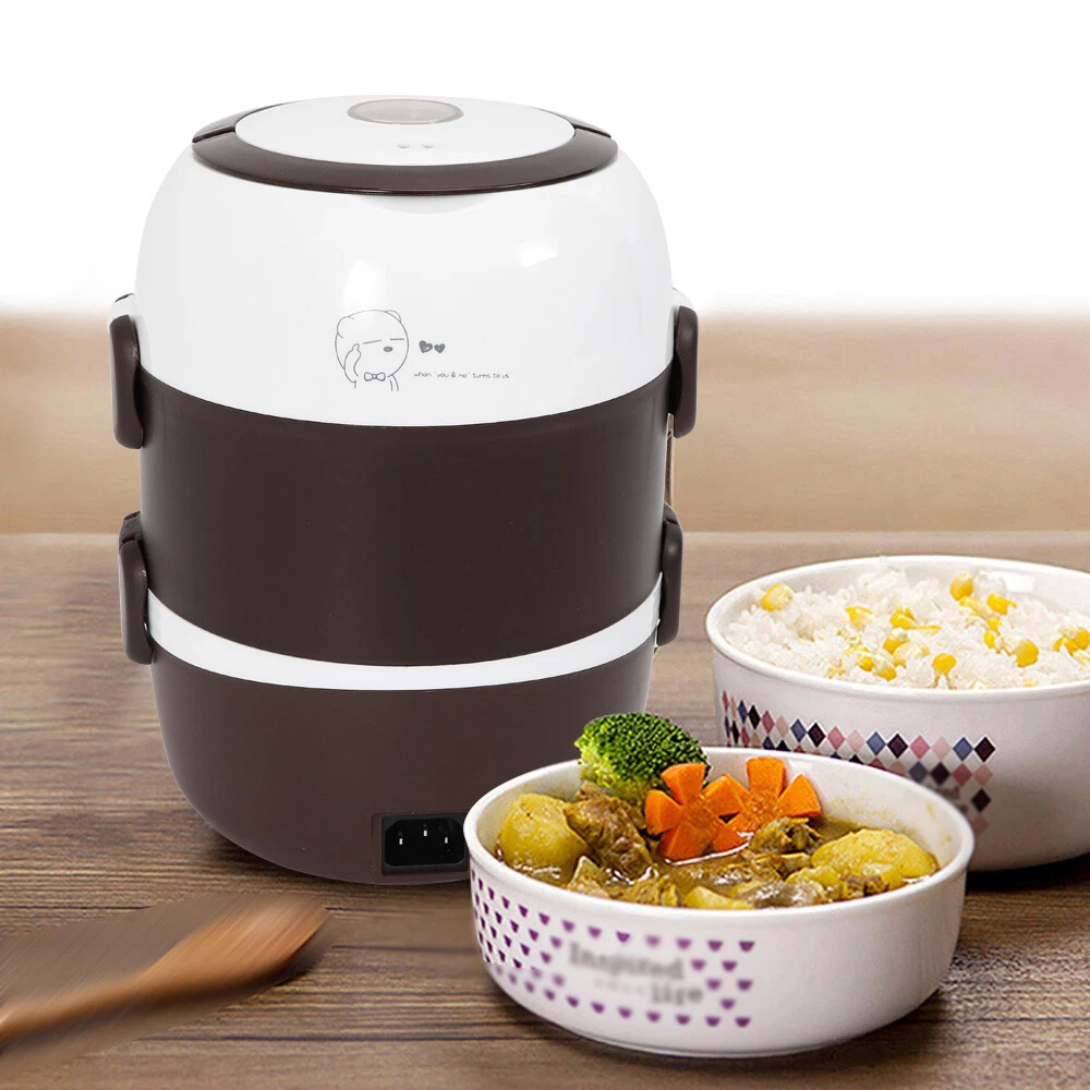 3-Layer Electric Lunch Box Steamer Pot Rice Cooker Stainless Steel Portable 2L