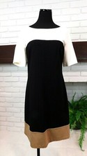 WHBM Sz 8 SLEEVELESS COLORBLOCK SHEATH BEIGE IVORY BLACK KNIT DRESS