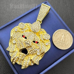 Authentic LION Head Gold Plated Large Pendant & 15mm 30" Iced Mariner CZ Chain Necklace
