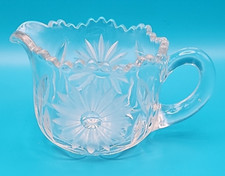 Vintage Crystal Cut Glass Creamer Petite Pitcher Etched Flower Sawtooth Edge EUC