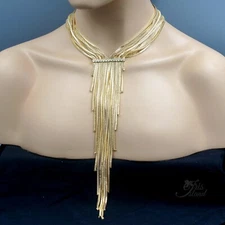 Women Gold Plated Crystal Layered Fringe Lariat Y-drop Necklace Choker 20284