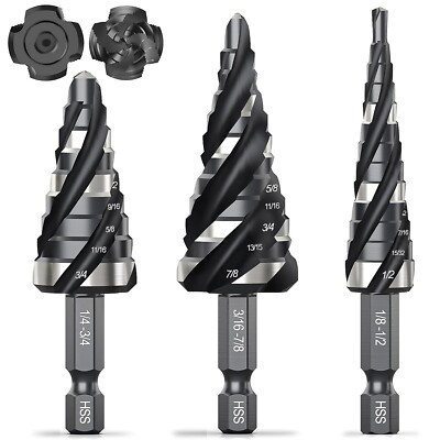 Four Spiral Flute Step Drill Bit Set, 3 Pcs HSS Step Drill Bits (1/8''-7/8'') Unib