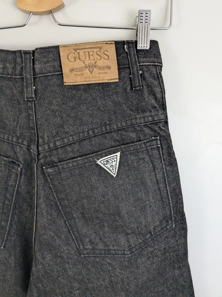 复古 20 世纪 80 年代 Guess 牛仔裤 28x34 高腰锥形腿黑色炭黑色牛仔美国  — 第 2/4 张图片