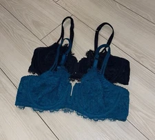 2 Auden Balconette Coverage Unlined Bras Lace Underwire Womens 34A Teal Black