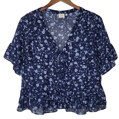 Good Luck Gem Flirty Sheer Blouse Large Womens Blue Floral Print Lace Cropped