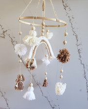 Rainbow Yarn Mobile Hanging Neutral Boho Nursery Decor Pom Pom Tassels Handmade