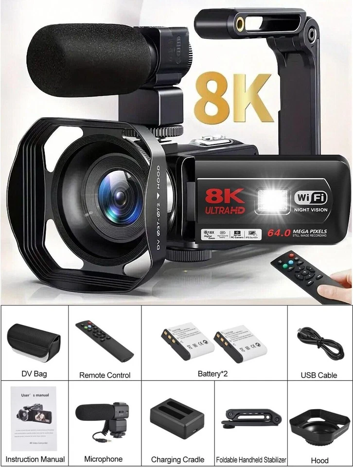 8K Black UHD Camcorder Beamo LED U Grip 18x Zoom 64MP Digital Video Camera Kit - Image 3 of 4