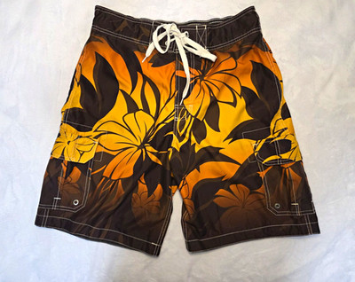 Merona Men's M Board Shorts Orange/Brown/Black Floral Drawstring Lined Hawaiian