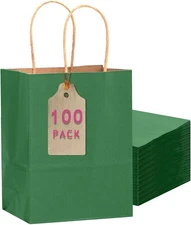 qiqee 100PCS Gift Bag with Handles Bulk Kraft Deep Green Paper Bags Multiple Use