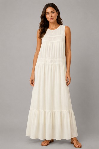 A New Day Cream Sleeveless Tiered Maxi Dress M Chiffon Polyester Lined