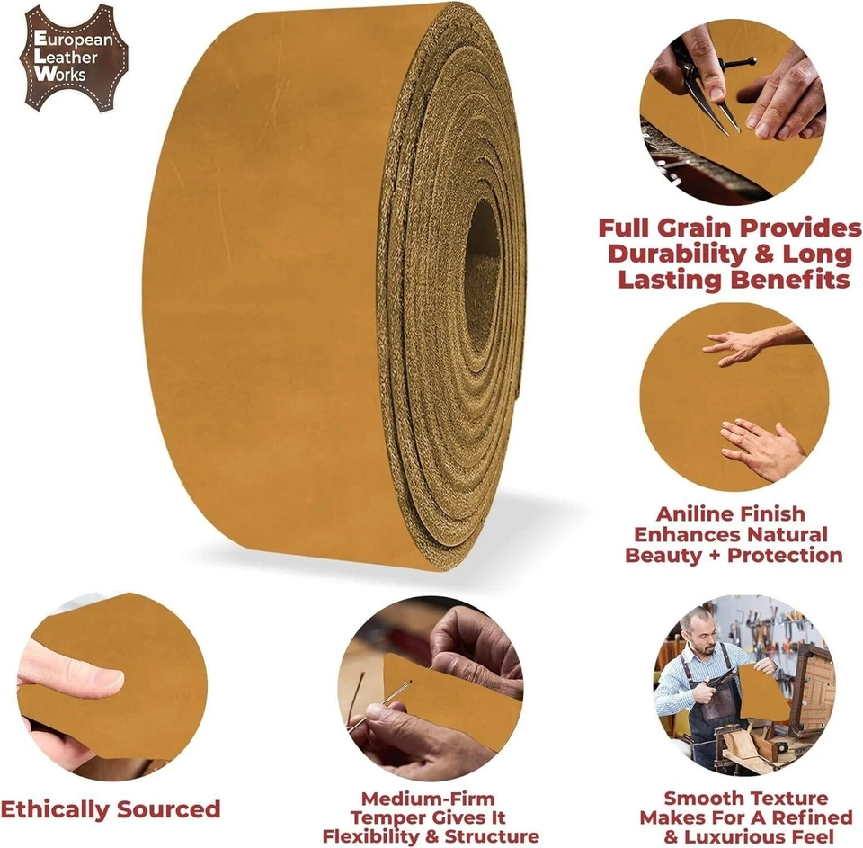 Cinturón de cuero ELW 5-6 oz (2-2,4 mm) curtido al aceite de napa y acabado ceroso correas de 60" Foto 3 de 4