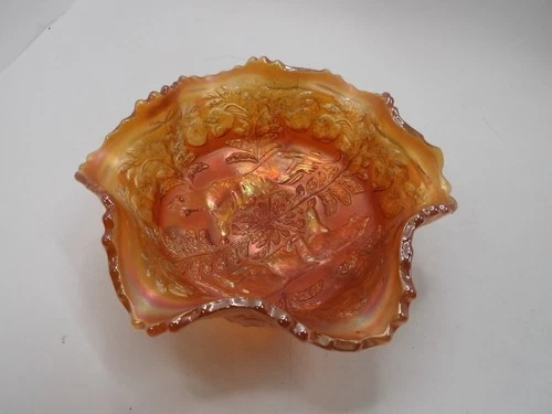 Antique Fenton Dark Marigold PANTHER Pattern Footed Carnival Glass Berry Bowl