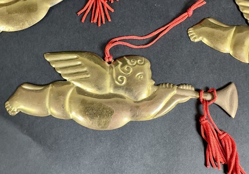 6er Set Vintage Abt 56 Messing Metall Cherub Engel Horn Weihnachtsschmuck Baum - Bild 2 von 12