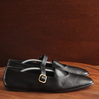 Massimo Dutti Flats Womens SZ EU 41 US 10 BLK Leather Mary Jane Minimalist Shoes