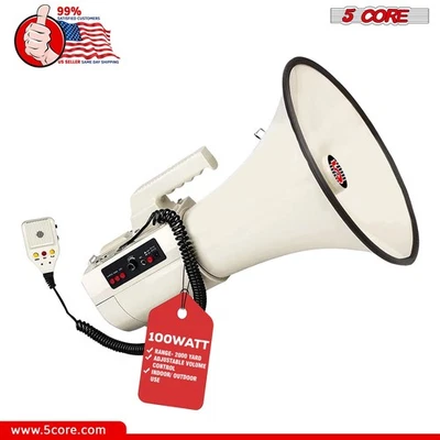 5 Core Megaphone 100W Bull Horn Professional Loud PA Speaker w 2000 Yards Range