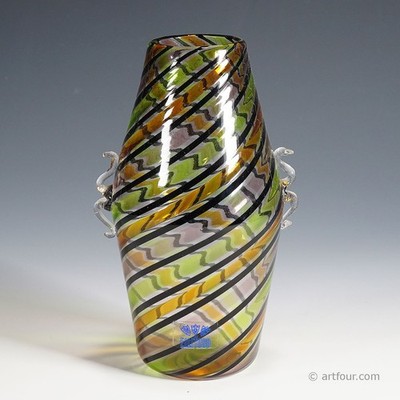 Fratelli Toso 'a canne' Glass Vase with Handles, Murano, Italy ca. 1965