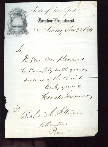 Original 1864 Civil War Letter by New York Govenor Horatio Seymour