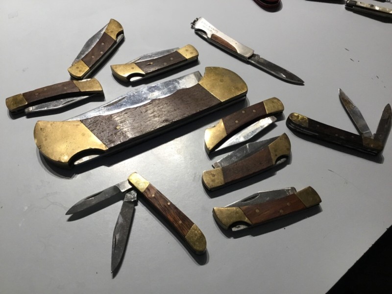 Lot of 10 Brass & Wood Single Blade Lockback Folding Knives Knife