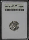 1955 D 10c Roosevelt Dime ANACS MS 65 | Soap Box Uncirculated UNC BU