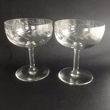 2 Antique Fine Elegant Champagne Saucers Mn Glow Glass, Cut Pretty Laurel Frieze
