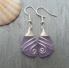 Hawaiian Jewelry Sea Glass Earrings, Top Wire Purple Earrings, Sea Glass