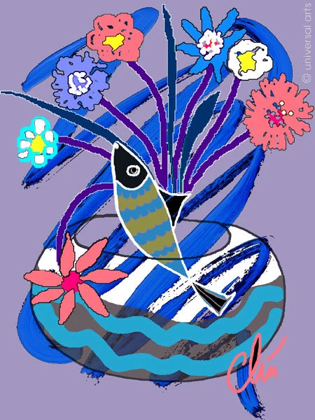 JACQUELINE DITT - Fishbowl & Flowers ltd.sign.Original Druck Grafik ger.13x18 cm - Bild 1 von 3