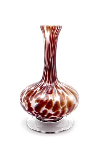 Vintage Murano White Cristal Vase Made in Italy Amber Animal Print Swirl 8”