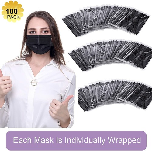 100pcs Individually Wrapped 3-Ply Disposable Face Mask Black Premium Comfort - Picture 3 of 8