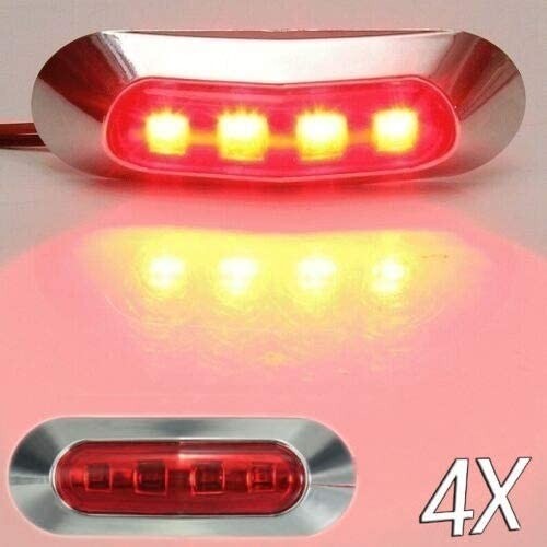 24V Led Red Rear Side Marker 3.5" Lights X4 Chrome Bezel Truck Trailer