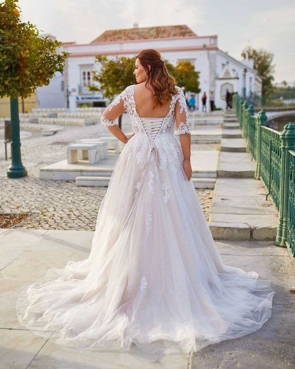 Plus Size Wedding Dresses Half Sleeves V Neck Modern Lace