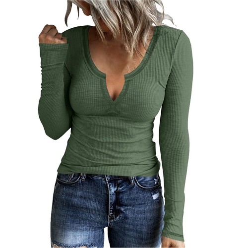 Women Casual Long Sleeve Tunic V-Neck Slim Fit Ribbed T Shirts Basic Tee Tops - Picture 6 of 29