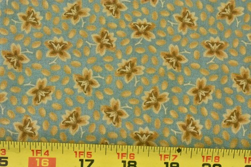 By 1/2 Yd, Gold & Brown Floral on Dusty-Blue Cotton, Moda, Howard Marcus, P9373 - Picture 1 of 7