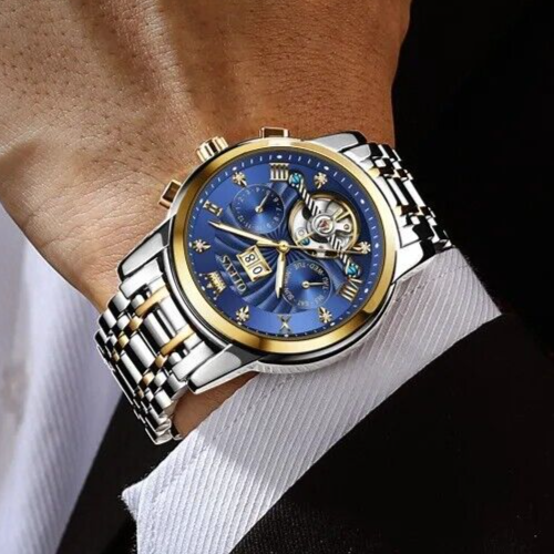 Automatic Mechanical Watch Men's Waterproof Luxury Skeleton OLEVS Date Men Strap - Picture 4 of 23