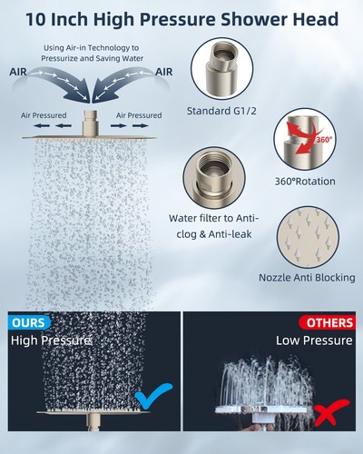 Hibbent All Metal Shower Head,10'' High Pressure Rain Shower Head/Handheld Combo - Picture 68 of 76