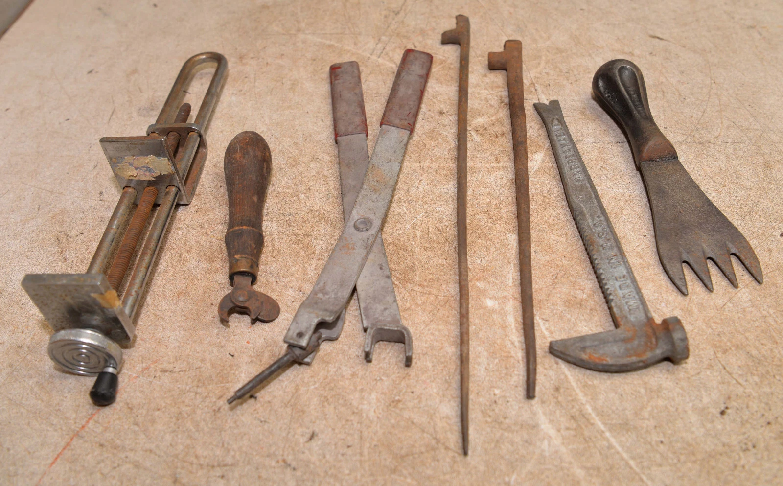 Vintage bench tools scribe vise scraper puller hammer & more collectible lot