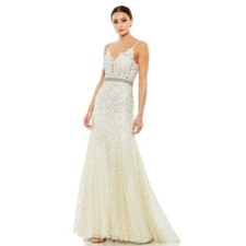 Mac Duggal 79341 Trumpet Gown Maxi Ivory Formal Plunge Neck Size 0 NEW $798
