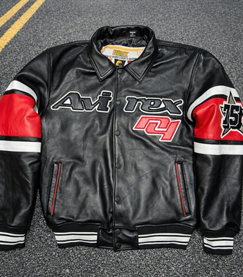 Men's Avirex Black USA Bomber Flight Brooklyn Jacket Real Cowhide Leather Jacket