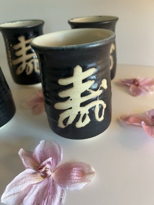 Japanese Tea Cups Set 4 Kanji  Longevity  Ceramic Yunomi Sake Cups NWOT Zen Gift