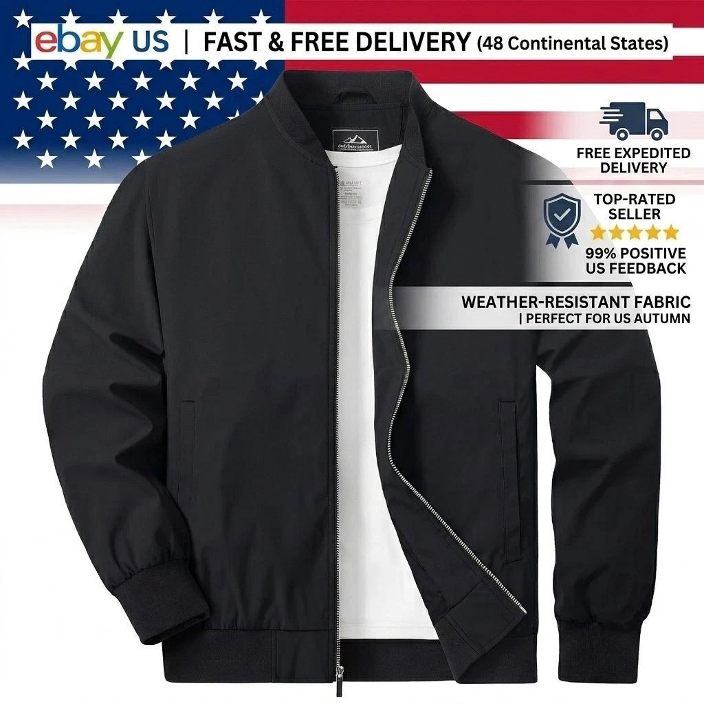 Men's Spring Fall Thin Bomber Jacket Full-Zip Sportswear Lightweight Casual Coat