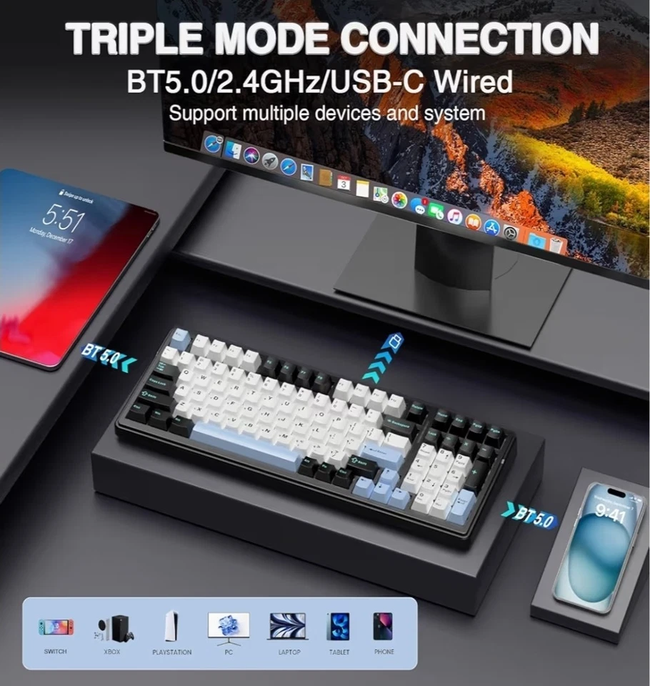 AULA F99 Wireless Mechanical Keyboard,Tri-Mode BT5.0/2.4GHz/USB-C Black&Blue&Whi - Image 3 of 4
