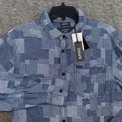 Buffalo David Bitton Mens Dark Wash Patchwork Long Sleeve Button Up Shirt NEW