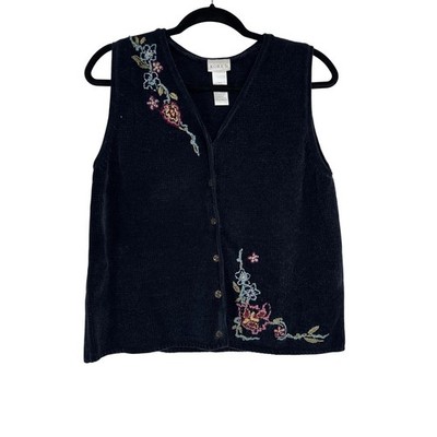 Koret Navy Blue Chenille Floral Embroidered Vest Small Cottagecore Grandma