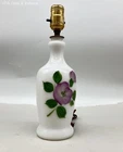 Vintage Milk Glass Table Lamp Hand Painted Floral Purple Mid Century Style