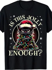 Men'S Funny Black Cat Christmas Tree Lights T-Shirt - 100% Soft Breathable Retro