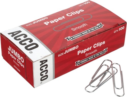 Clips de papel ACCO, Jumbo, lisos, 100 clips/caja, 100 unidades (paquete de 1), plateados - Imagen 2 de 5